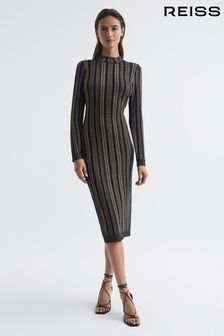 Reiss Black/Gold Skylar Metallic Striped Knitted Dress (C85923) | OMR134