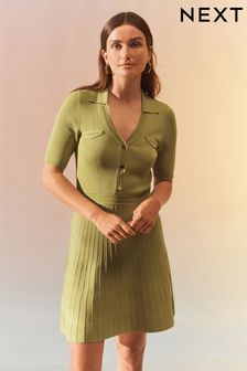 Green Utility Knitted Polo Neck Midi Dress (C86321) | $73