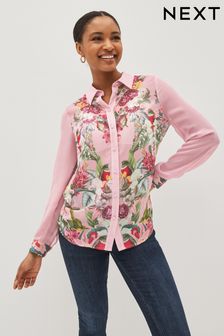 Blush Pink Placement Print Next Long Sleeve Print Sheer Shirt (C86840) | €39