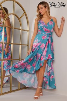 Chi Chi London Blue Petite Cami Floral Wrap Dip Hem Midi Dress (C87191) | ₪ 427