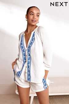 White Embroidery Cotton Crinkle Pyjama Short Set (C87493) | €19