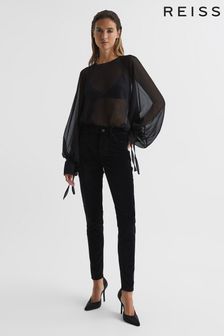 Reiss Black Lux Velvet Petite Velvet Mid Rise Skinny Jeans (C87689) | $206