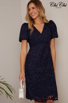 Chi Chi London Blue Puff Sleeve Premium Lace Mini Dress (C87932) | €114