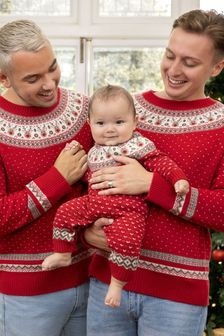 JoJo Maman Bébé Red Reindeer Fair Isle Knitted Baby All-In-One (C88038) | $55