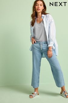 Умеренно синяя джинсовая ткань - Укорочевые широкие джинсы с пуговицами (C88128) | €31