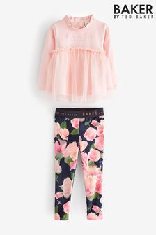 Baker by Ted Baker (0-6yrs) Navy Floral Velour Leggings and Pink Tulle T-Shirt Set (C88320) | €50 - €58