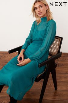 Teal Blue Long Sleeve High Neck Sheer Layer Midi Dress (C88583) | €31