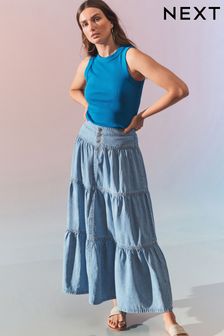 Mid Blue Tiered Maxi Denim Skirt (C88660) | AED140
