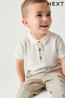 Ecru Cream Knitted Textured Short Sleeve Polo Shirt (3mths-7yrs) (C88668) | $35 - $41