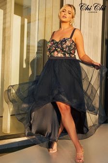 Chi Chi London Black Plus Size Embroidered Mesh Skirt Dip Hem Dress (C88933) | €175