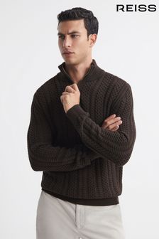 Reiss Chocolate Bantham Cable Knit Half-Zip Funnel Neck Jumper (C89035) | 979 SAR