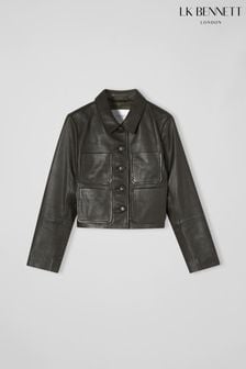 Lk Bennett Aubree Dark Green Leather Cropped Jacket (C89221) | €468