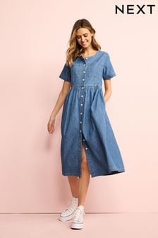 淡藍色 - 排扣丹寧服飾中長連衣裙 (C89225) | HK$323