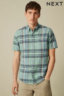 Green Linen Blend Short Sleeve Check Shirt (C89609) | 90 zł