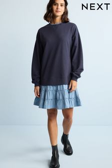Navy Blue Cotton Long Sleeve Sweater Layer Ruffle Dress (C89723) | $55