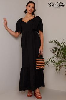 Chi Chi London Black Broderie Sleeve Poplin Maxi Dress (C89792) | ₪ 277