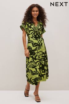 Khaki Green Scenic - V-neck Wrap Short Sleeve Trim Midi Dress (C90156) | BGN104