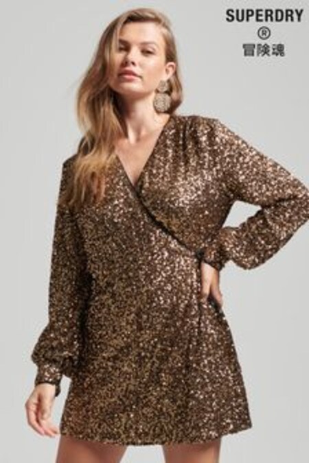 Superdry Gold Sleeved Sequin Wrap Mini Dress (C90251) | €51