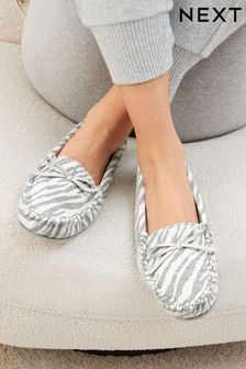 Grey Zebra Faux Fur Lined Moccasin Slippers (C90338) | $27