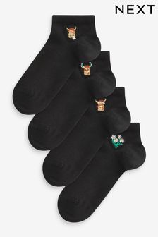 Czarny - Zestaw 4 par skarpet typu stópki z haftem z motywem krowy Hamish The Highland Cow (C90414) | 60 zł