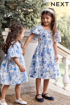 Modré květy - Šaty s potiskem a nabíranými rukávy (3 m -8 let) (C90480) | 455 Kč - 570 Kč