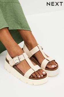 Bone White Forever Comfort® Leather T-Bar Flatform Sandals (C90537) | €55