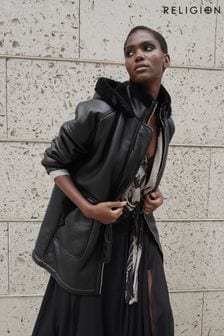 Religion Black Shearling and Leather Look Globe Coat with Hood (C90567) | $390