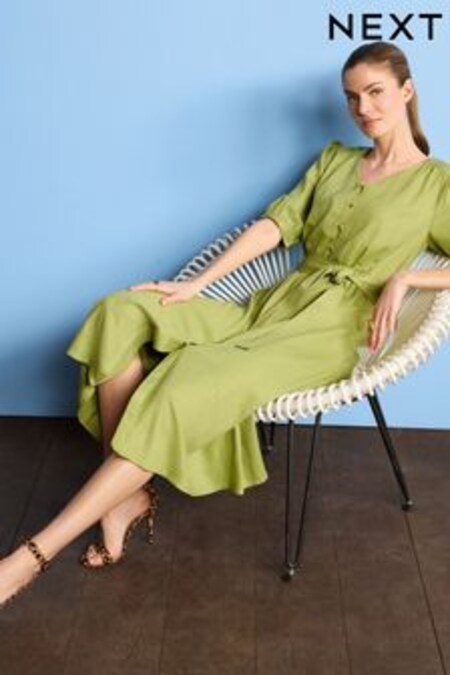 أخضر ليموني - فستان متوسط الطول كتان بأزرار بالكامل (C90633) | 16 ر.ع