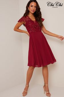 Chi Chi London Red V-Neck Embroidered Midi Dress (C90658) | AED510