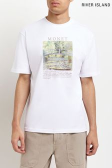 River Island White Short Sleeve Monet Waterlilly Pond T-Shirt (C90722) | ₪ 116