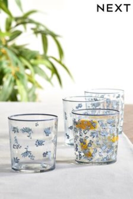 Blue Cordelia Floral Set of 4 Short Tumbler Glasses (C90807) | $36