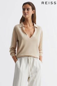 Reiss Camel Nellie Knitted Collared V-Neck Top (C90915) | $156