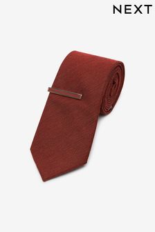 Rust Brown Slim Textured Tie With Tie Clip (C91453) | €18