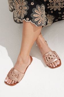 Rose Gold Premium Leather Flat Cut Out Detail Mule Sandals (C92249) | TRY 727