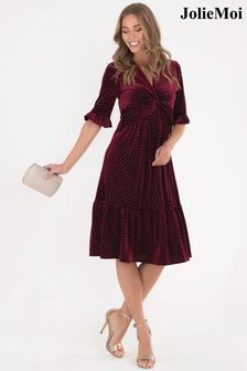 Jolie Moi Red Twist Front Tiered Hem Velvet Dress (C92316) | $114