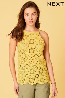 Lemon Yellow Cotton Crochet Flower Halter-Neck Vest (C92668) | €13
