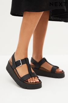 Black Forever Comfort® Leather T-Bar Flatform Sandals (C92903) | R799