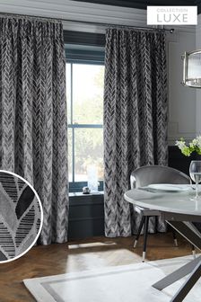 Light Grey Collection Luxe Heavyweight Velvet Leaf Pencil Pleat Lined Curtains (C93350) | €215 - €430