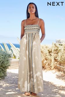 Neutral Embroidered Maxi Dress With Linen (C93661) | $61