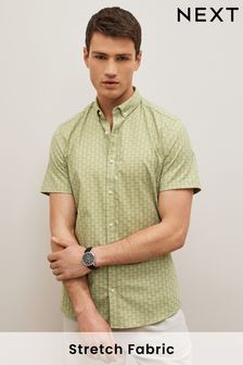 Green Stretch Oxford Printed Short Sleeve Shirt (C93775) | 72 zł