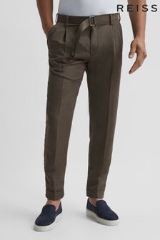 Reiss Mocha Crease Linen Belted Tapered Trousers (C93919) | €188