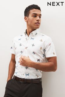 White Ecru Butterfly Slim Fit Short Sleeve Printed Trimmed Shirt (C94449) | 17 €