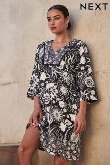 Black/White Floral Print Kaftan Dress With Linen (C94514) | 95 zł