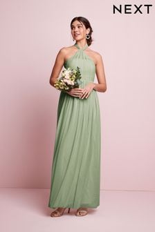 Verde salvia - Vestido largo de boda para dama de honor con diseño multiposición de malla (C94689) | 61 €