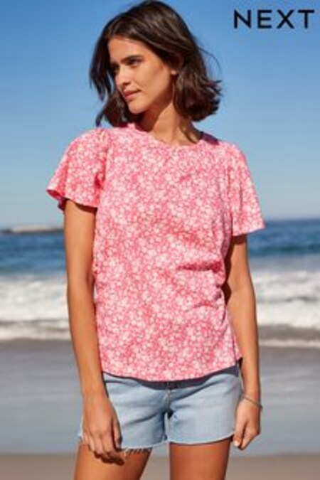 粉色花朵圖案小碎花 - 罩衫式短袖圓領上衣 (C94832) | HK$145