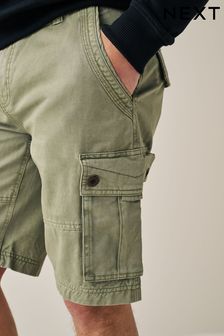 Khaki Green Washed Cotton Cargo Shorts (C95023) | 72 zł