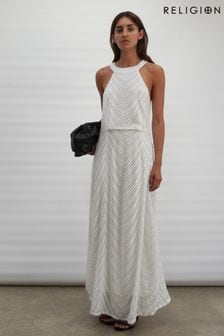 Religion White Halterneck Beaded Sequin Midi Maxi Dress (C95468) | $175