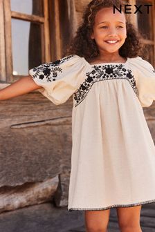 Natural/Black Embroidered Puff Sleeve Dress (3-16yrs) (C95827) | €32 - €41
