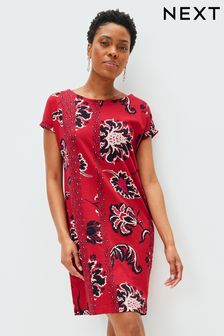 Red Print Cotton Relaxed Cap Sleeve T-Shirt Dress (C95900) | CA$29