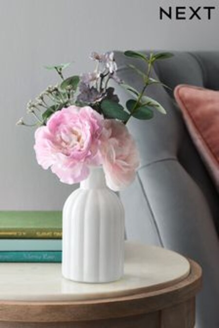 Pink/Lilac Peony & Eucalyptus Artificial Flowers In White Gloss Vase (C96233) | AED58